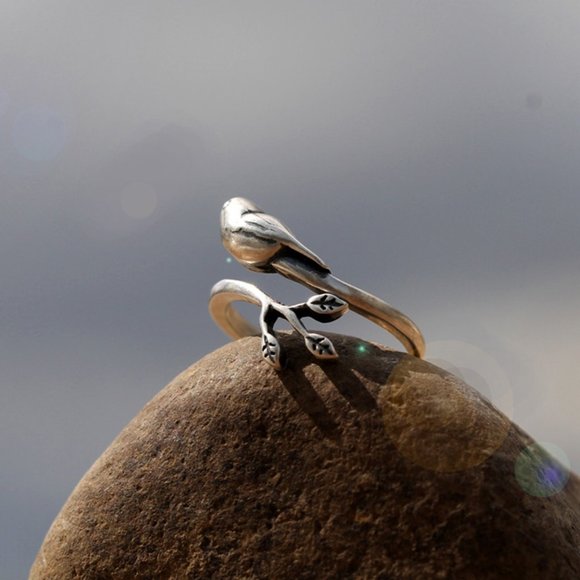 925 Sterling Silver Bird Animal Ring Tree Ring Branch Ring Adjustable Cute Ring - Picture 4 of 7